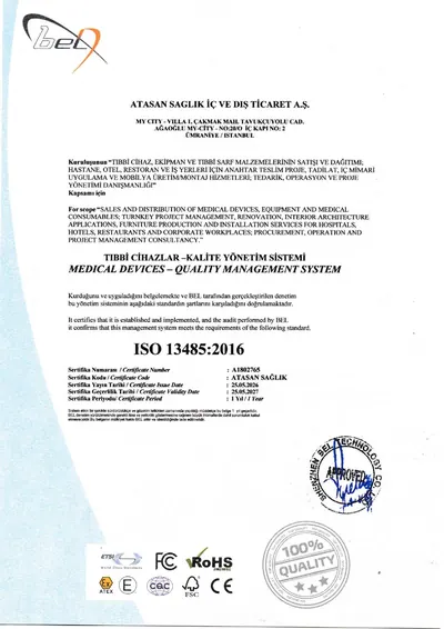 ISO 13485:2016 Tıbbi Cihazlar Kalite Yönetim Sistemi – ATASAN Sağlık İç ve Dış Ticaret A.Ş.